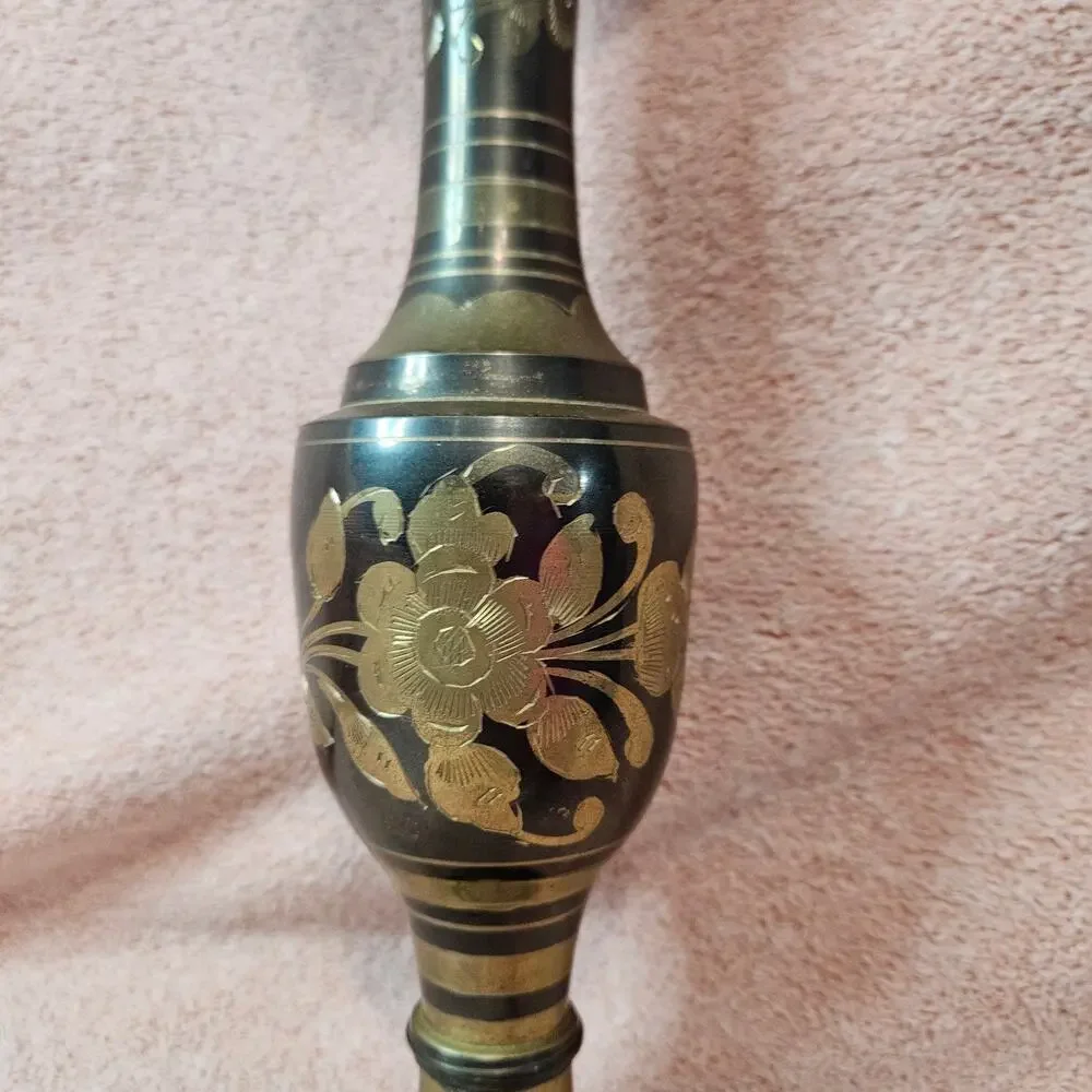 Vintage Etched Solid Brass and Black Enamel Floral Decorative Vase Made in India